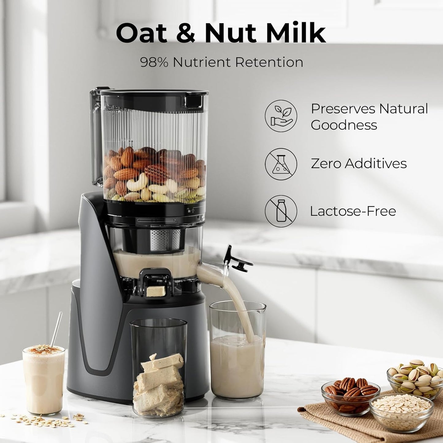 Juicer Machines, 3-in-1 Cold Press Juicer with 6.5" Extra Large Chute, 100oz Large Capacity, AC Motor, Makes Juice, Nut Milk & Sorbet, Premium Gray