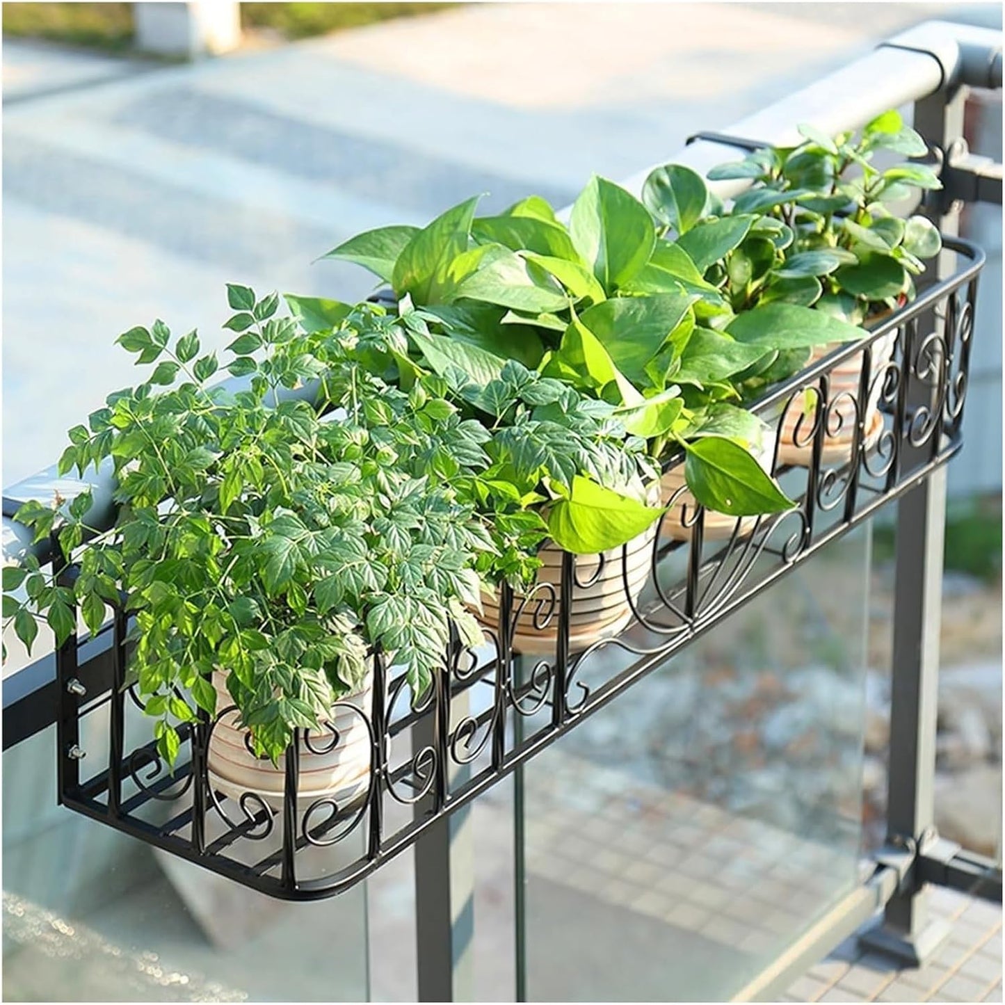 Outdoor Railing Planter - Black Iron Flowerpot for Balcony, Fence, Window Sill - Stylish Hanging Plant Stand, 90x27x19cm, Perfect for Garden Decor