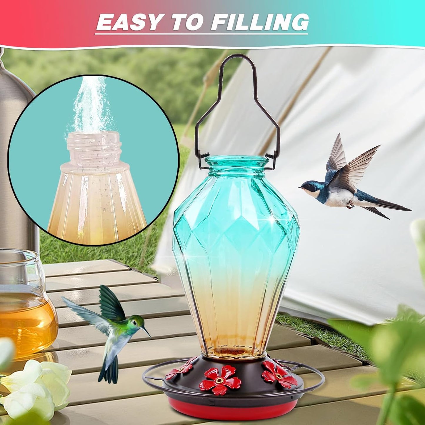 Glass Hummingbird Feeder for Outdoors Hanging, 25Oz Humming Bird Necta
