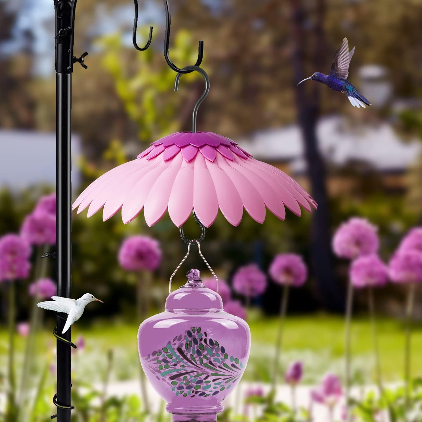 Bird Feeder Baffle Weather Rain Guard Dome Cover Keep Nectar Cool 14" Largh Diameter with Moat and 3 Hooks for Outside Hanging Hummingbird Feeder Bird Feeder（Pink Purple）