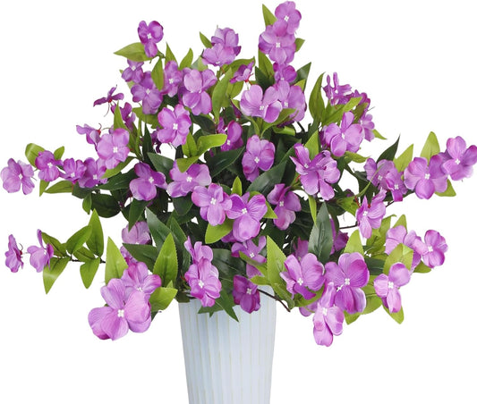 Artificial Flowers for Outdoors 2Pcs Faux Impatiens for Outdoor Planters UV Resistant Purple Silk Flowers Outside Artificial Impatiens Plants Bush for Front Porch Patio Garden Pot Balcony Decor