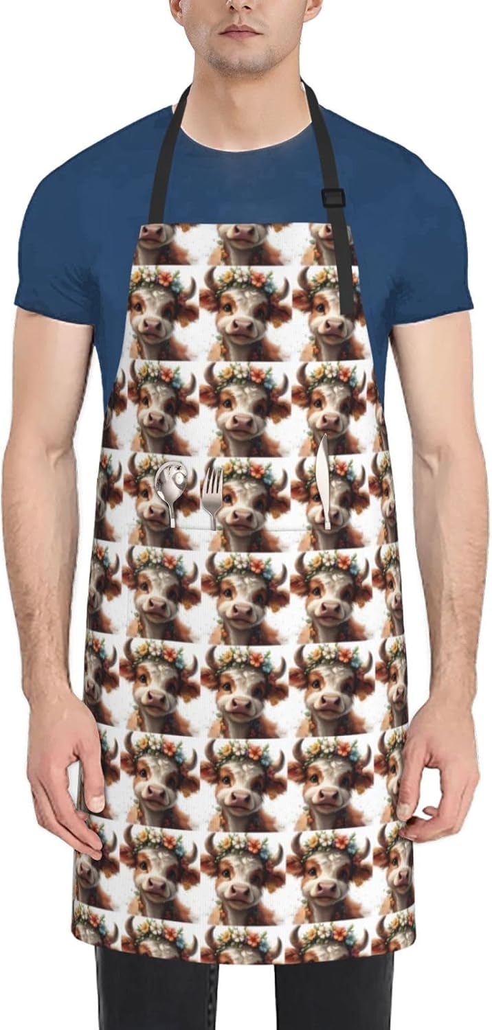 YANYU Animal cow Print 28x33 In Kitchen Apron Stylish Chef Apron with Pockets for Cooking Baking Painting