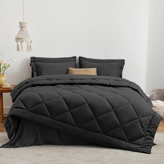 Love's cabin King Size Comforter Set Black, 7 Pieces King Bed in a Bag