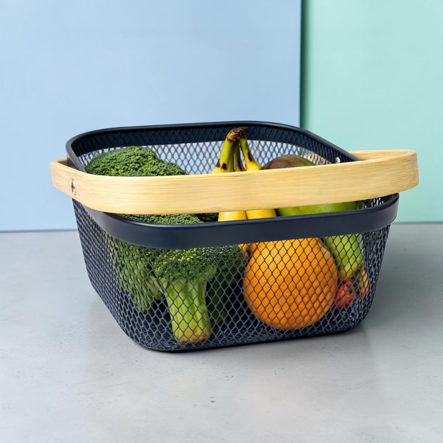 Garden Harvest Basket Gray Mesh Vegetable Hod with Bamboo Handle – Garden Baskets for Harvesting Fruits Vegetables Herbs, Durable Metal Wire Design for Gardeners (Gray Mesh Basket)