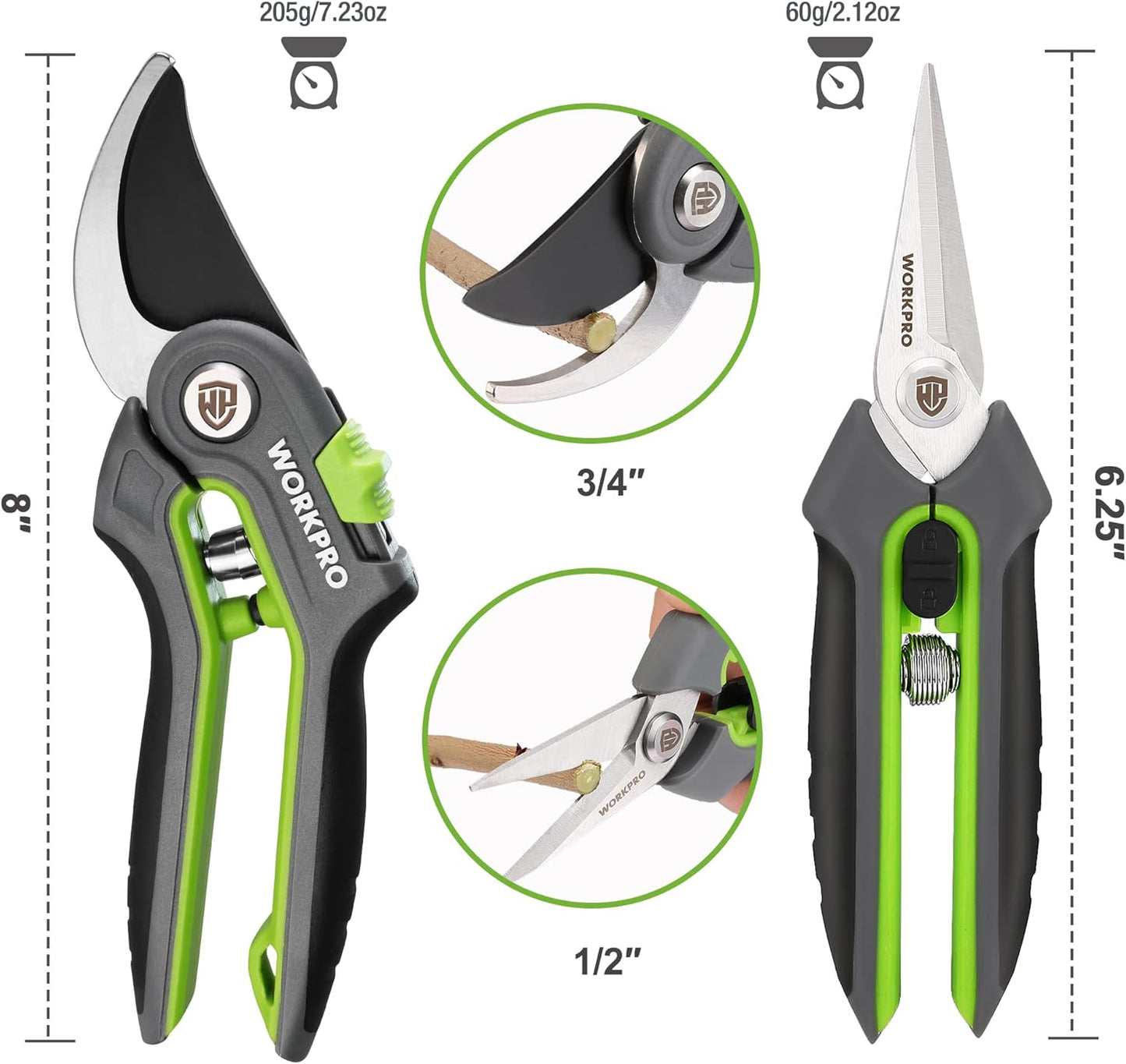 WORKPRO Garden Pruning Shears 2 Pack, 8" Bypass Pruning Shears and 6.2