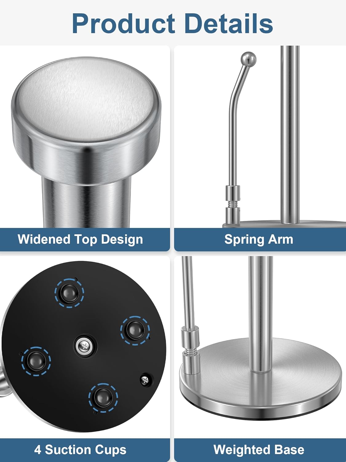 SMARTAKE Paper Towel Holder, Paper Towel Dispenser Standing Weighted Base Non Slip, Spring Arm for Easy Tear, Stainless Steel Paper Towel Holder for Home Kitchen Countertop Tabletop, Silver