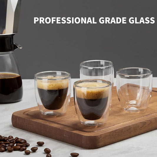 Double Walled Espresso Cups Set of 4 (50% Thicker), 3 Ounce Clear Expresso Coffee Mugs, Espresso Shot Glasses, Double Wall Insulated Espresso Cups Suit for Espresso Machine, Microwave Safe