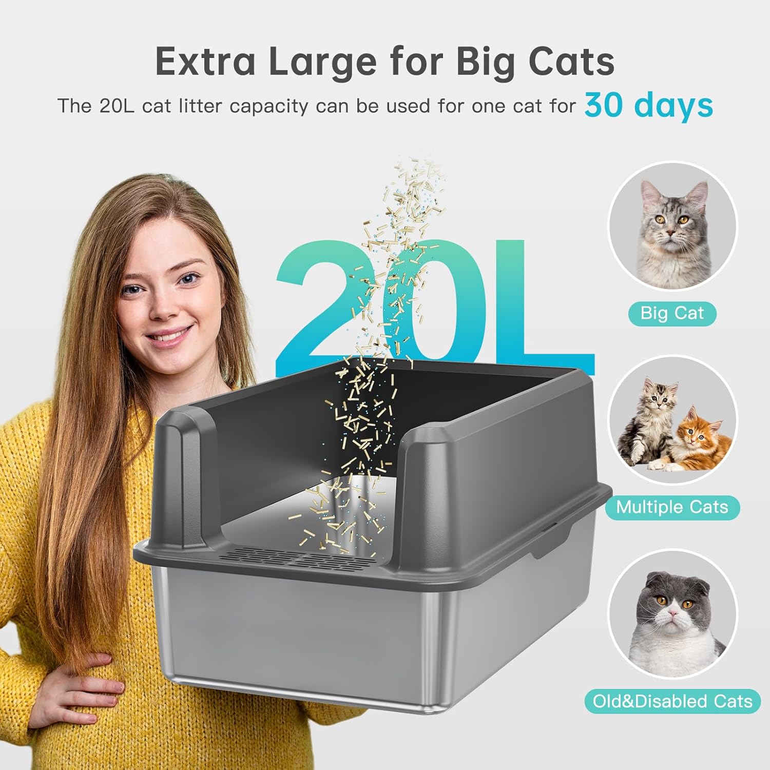 Enclosed Stainless Steel Cat Litter Box with Lid, XL Extra Large Litte
