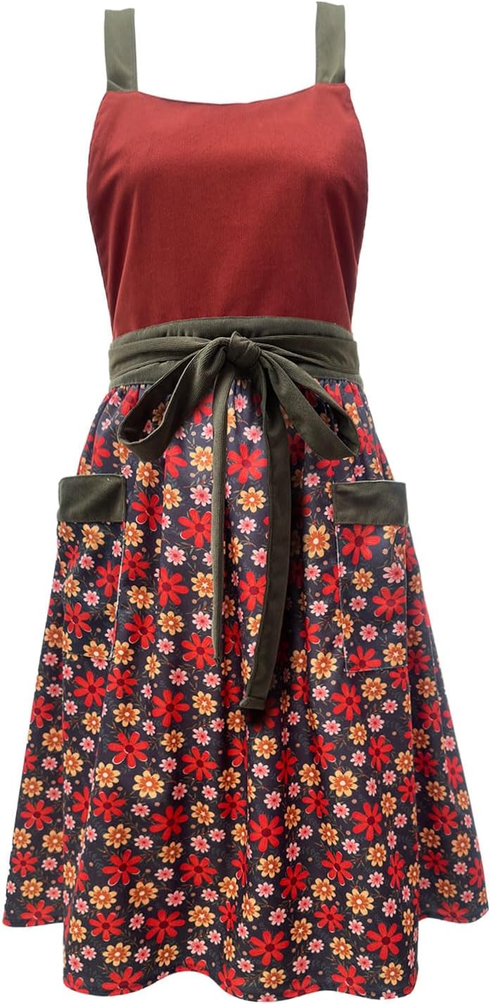 Uaussi Pinafore Apron Dress for Women Adjustable Floral Work Aprons fo
