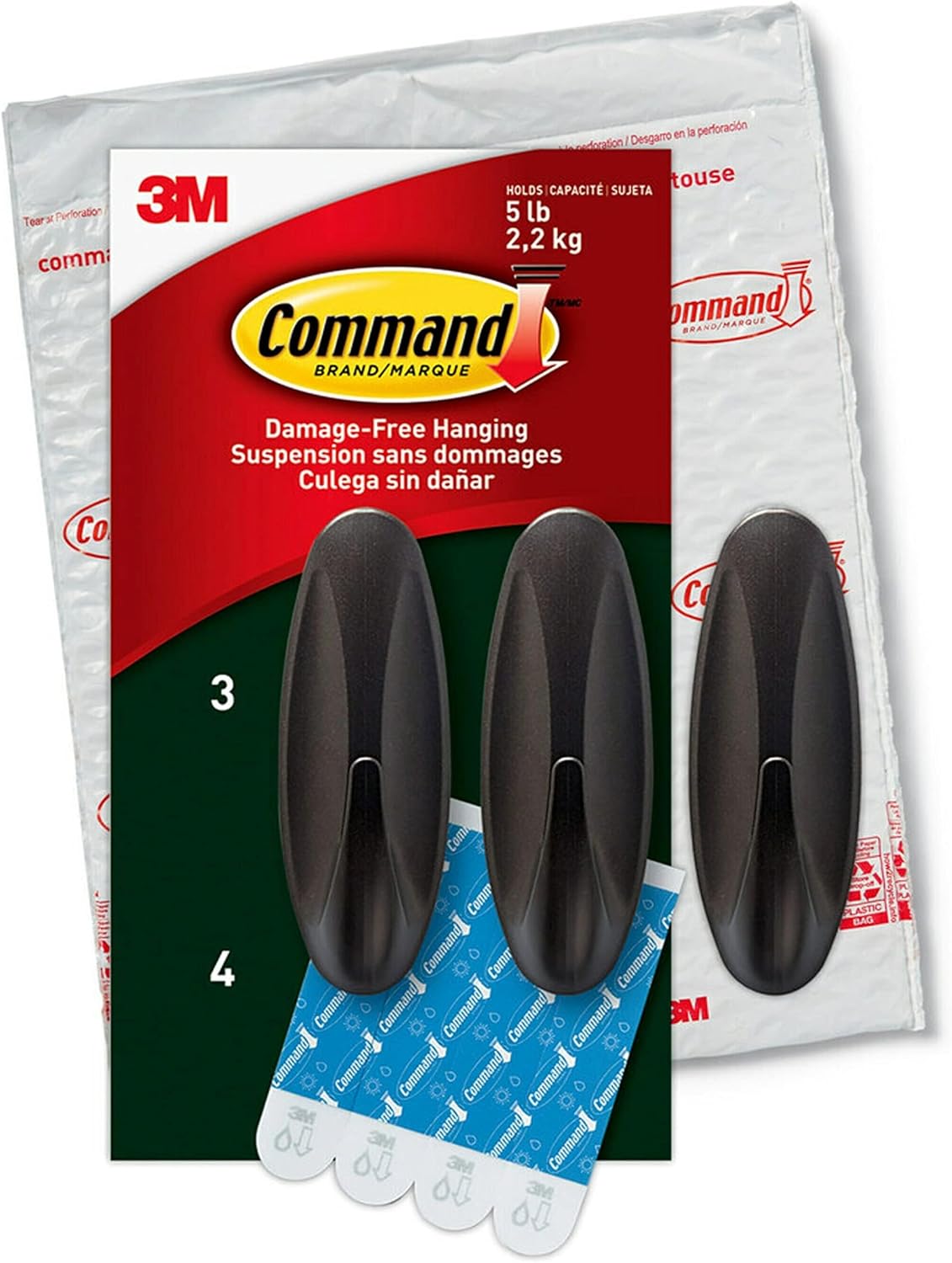 Command 실외용 대형 걸이, 브론즈, 최대 2.3 kg (5 파운드) 지탱, 걸이 3개, 스트립 4개, 손상 방지 장식.