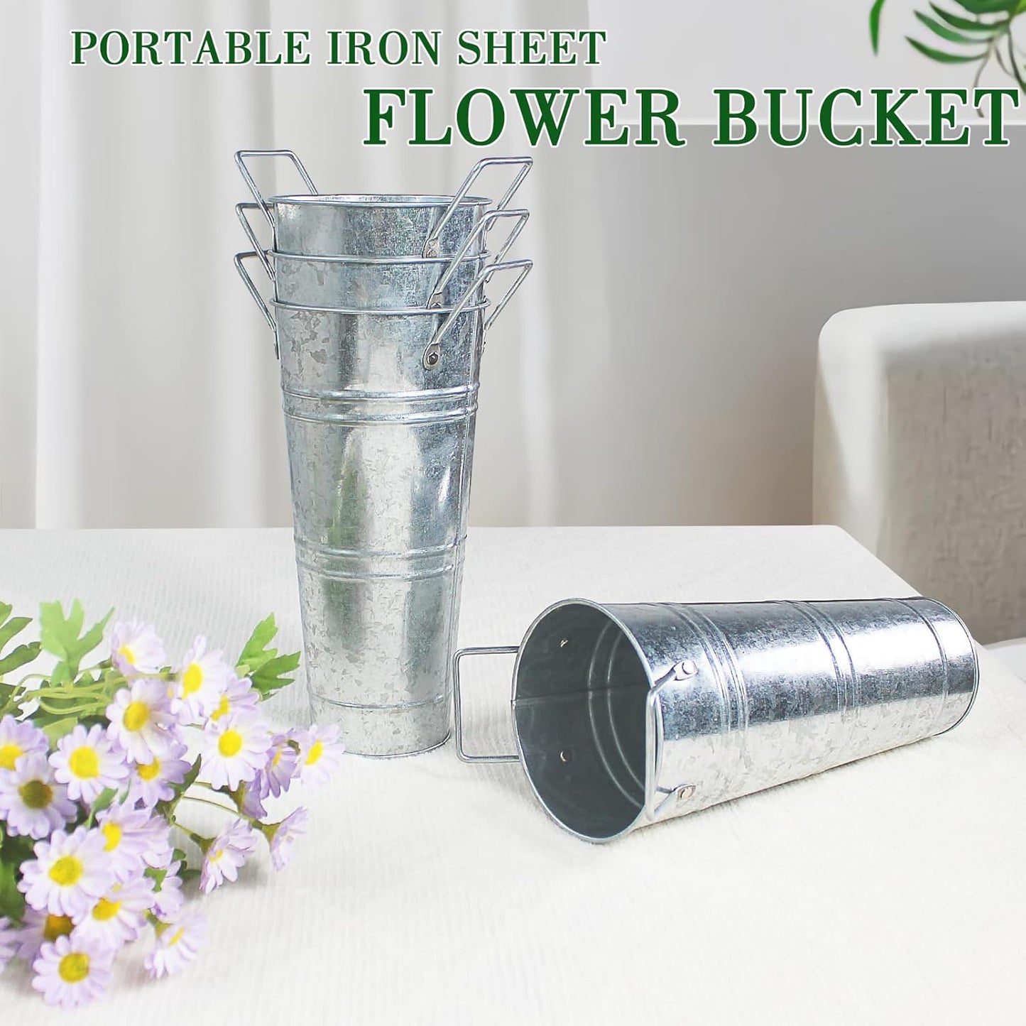 Galvanized Metal Bucket Vases Set of 8, 9 Inch Farmhouse French Flower Buckets Pots with Handles, Rustic Decorative Metal Holder Flower Vase for Home Wedding Table Centerpiece Decor (Silver)