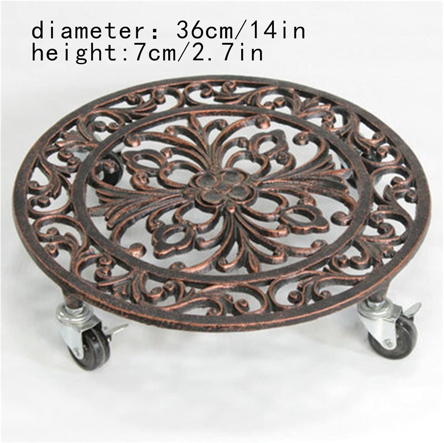 Wooden Vase Base Plant Caddy Cast Iron Plant Stand Round Indoor Outdoor on Roller Patio/Flower Pot (14in Iron Planter Trolley) Wooden Vase Stand (Color : A)