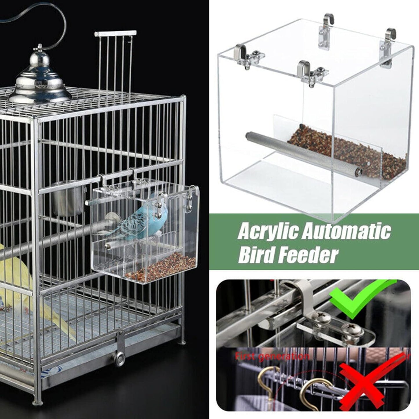 Automatic Bird Feeder No Mess Bird Cage Pet Feeder Seed Food Container for Parakeet Canary Cockatiel Parrot Finch Canary Acrylic (5.1 x 5.1 x 4.3 inch)