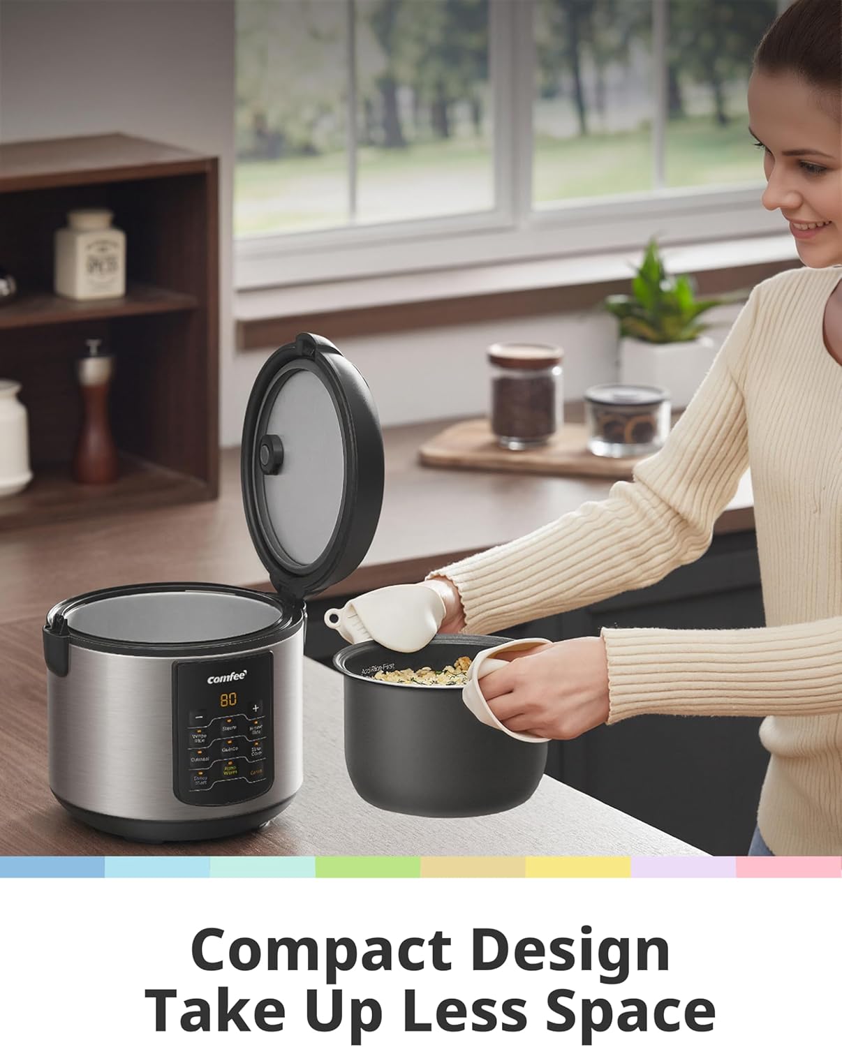 COMFEE' Compact Rice Cooker, 6-in-1 Stainless Steel Multi Cooker, Slow Cooker, Steamer, Saute, and Warmer, 2 QT, 8 Cups Cooked(4 Cups Uncooked), Brown Rice, Quinoa and Oatmeal, 6 One-Touch Programs, Corded Electric
