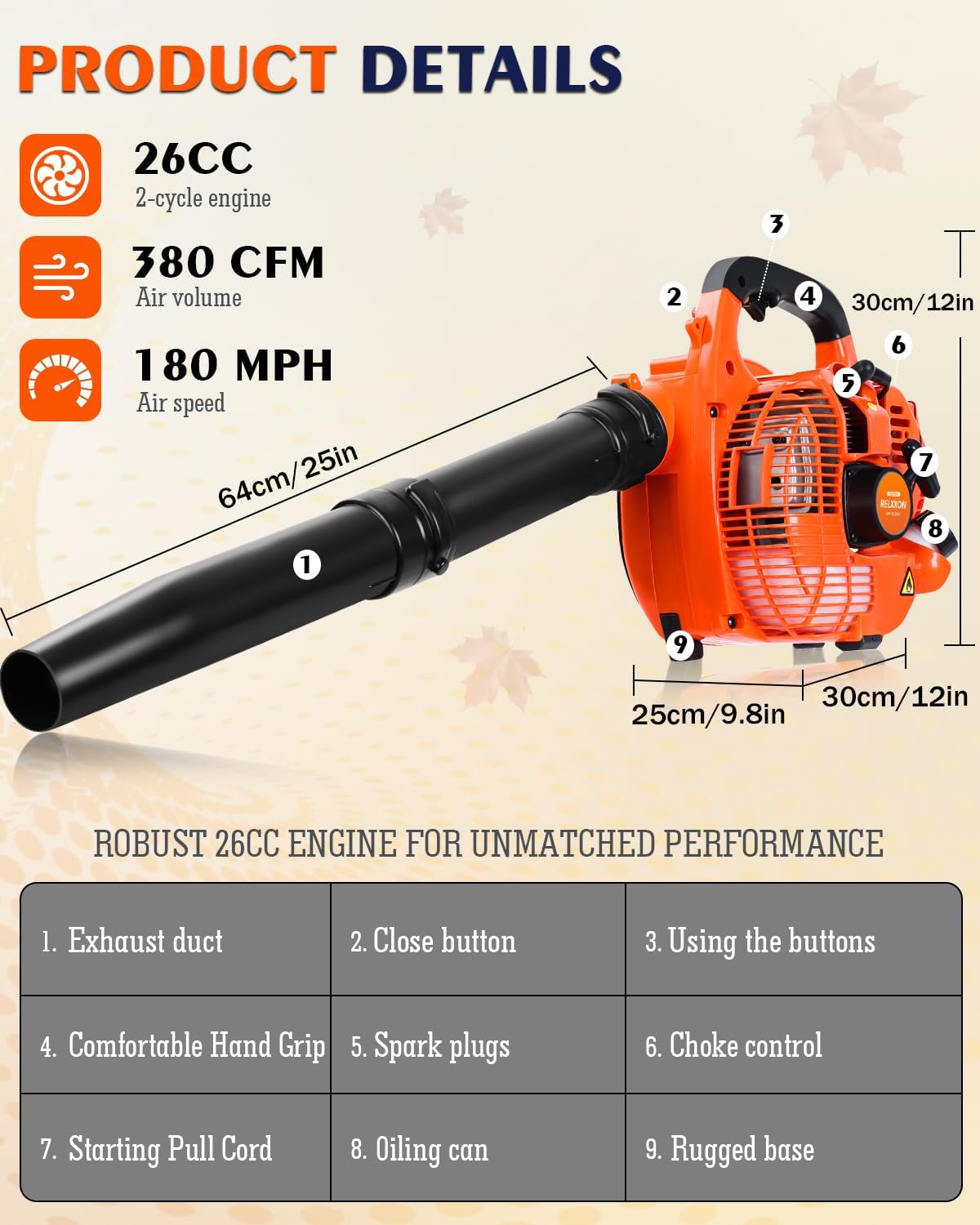Gas Leaf Blower 26cc Handheld, Powerful 2-Cycle Engine, 180 MPH 380 CF