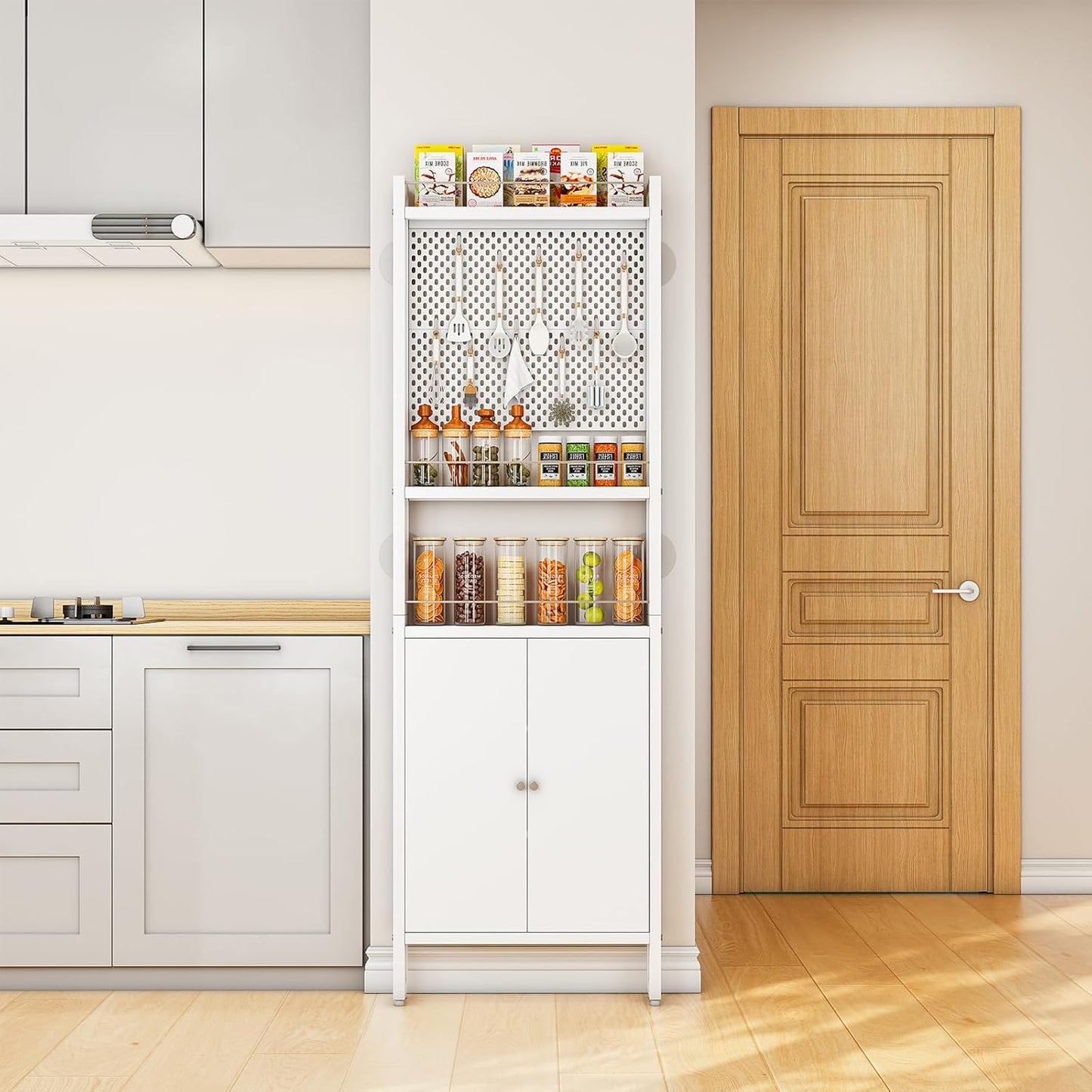 ABCOOL Behind Door Organizer Cabinet Shelf Rack, 2 Pegboard Panels for Garage and Garden Tool Storage, Tall Floor Standing Metal Organizers