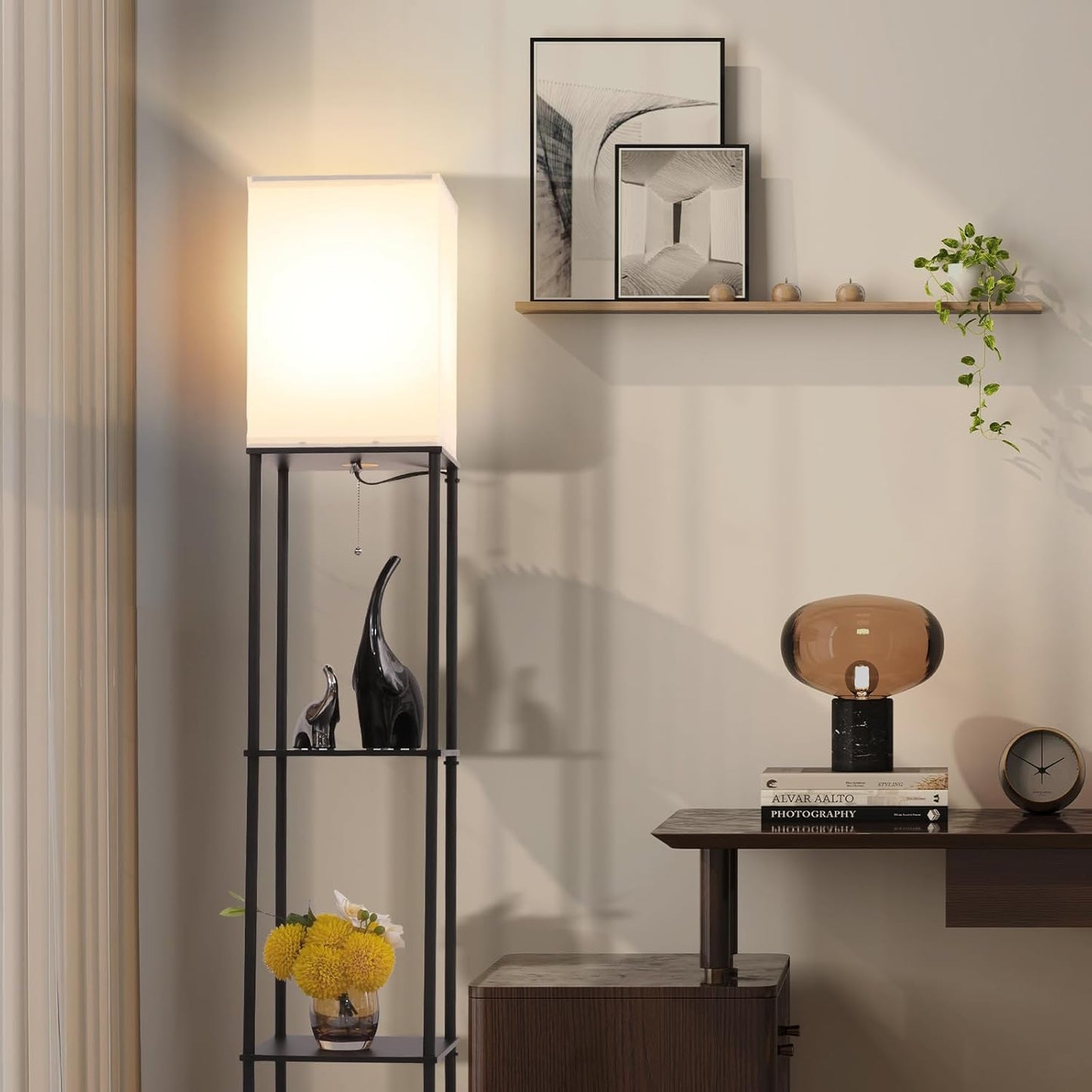 Floor Lamp with Shelves, Modern Square Standing Lamp with 3 Color Temperature Bulb, Corner Display Bookshelf Lamp for Living Room, Bedroom and Office (Black)