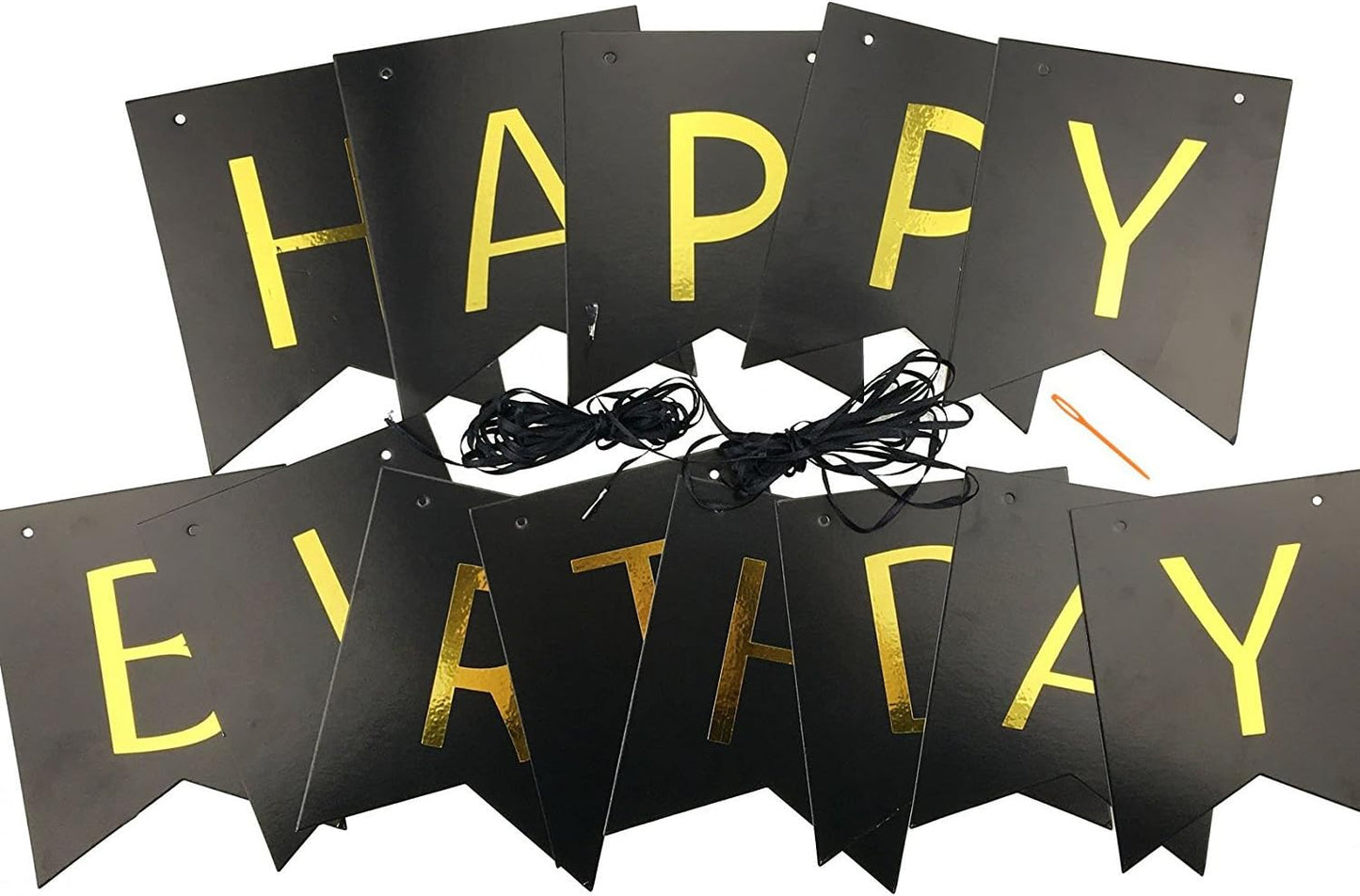 FECEDY Black Happy Birthday Bunting Banner with Shiny Gold Letters Party Supplies