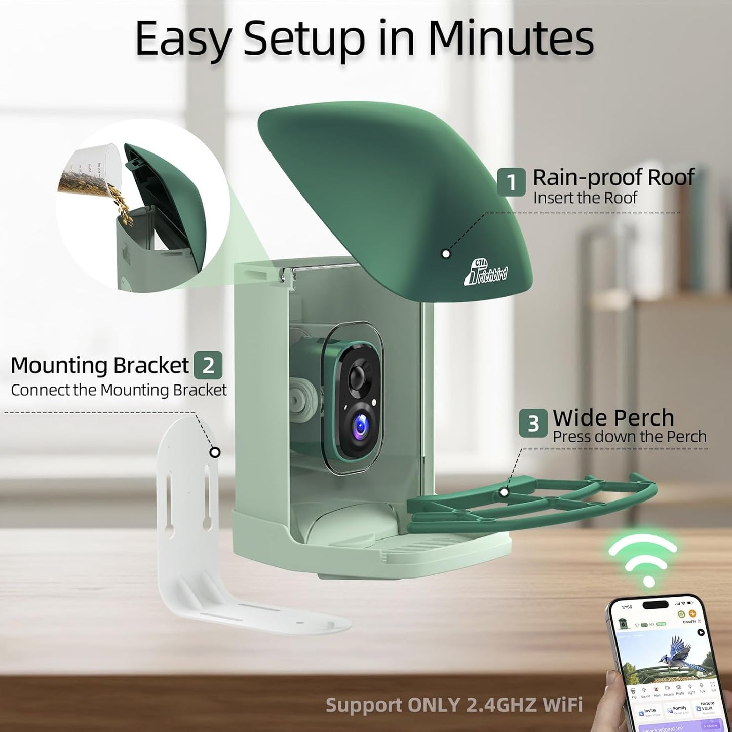 Smart Bird Feeder with 4MP HD Camera, Birdwatching Camera with Free AI Identify Birds & Solar Panel for Outdoors, Auto Video Capture & Instant Notifications, Green