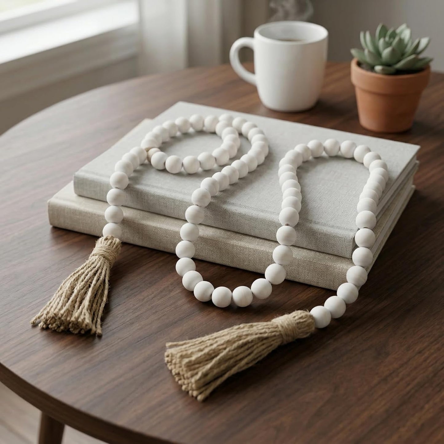Farmhouse Beads 58in Wood Bead Boho Tassel Garland - Rustic Country Boho Chic Decor for Wall, Above Cabinet & Table