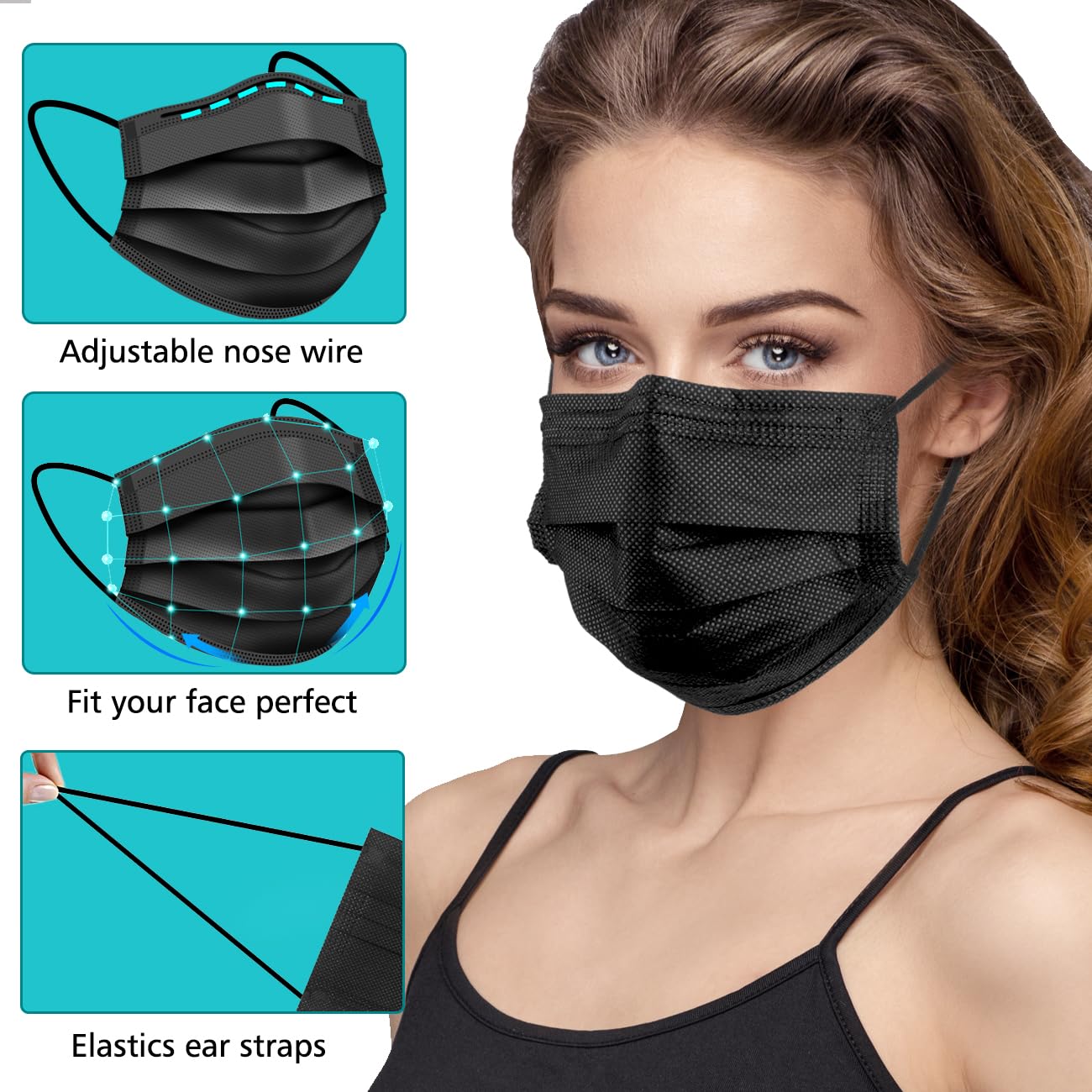 100 PCS Disposable Face Masks, Black Disposable Masks, 3 Ply Protectio