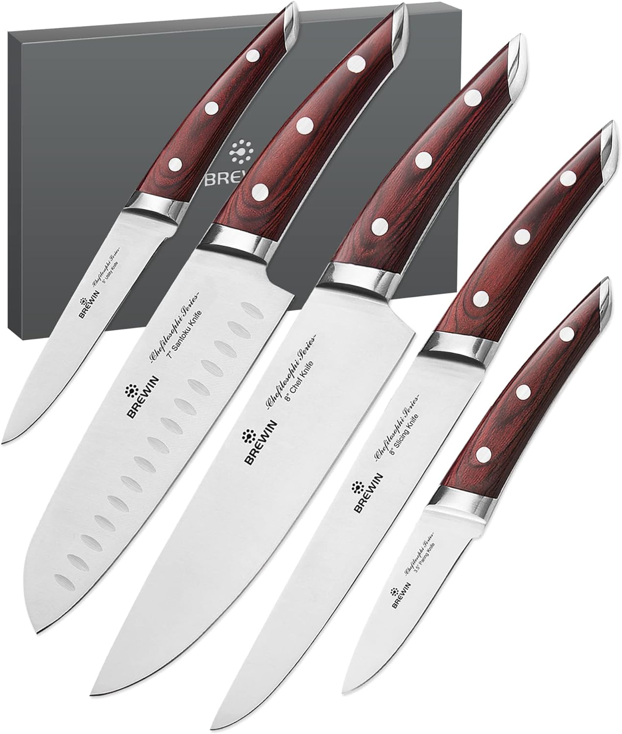 Brewin CHEFILOSOPHI Japanese Chef Knife Set 5 PCS with Elegant Red Pak