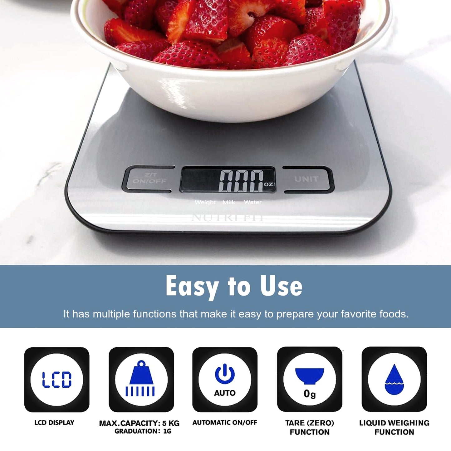 Food Scale, Kitchen Scales Digital Weight Food Grams and Ounces for Weight Loss Baking Cooking of NUTRI FIT, Max 11lb 1g Increment, Backlight LCD Smart Tare Stainless Steel, Easy to Use, AAA Battery