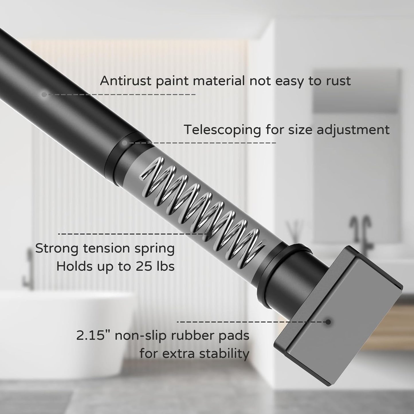 Shower Curtain Rod Adjustable 31-79", Anti-Rust Shower Rod & Spring Tension Shower Rod No Drill, Black Shower Curtain Rod for Bathroom Tension Rod