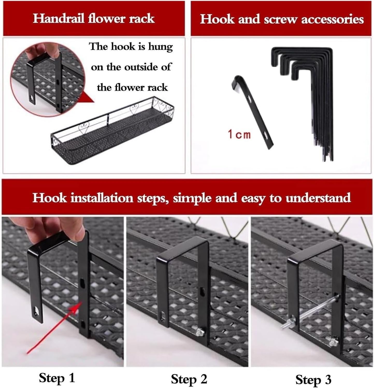 Multi-Size Railing Planter Pots - Black Fence Planters, Decorative Han