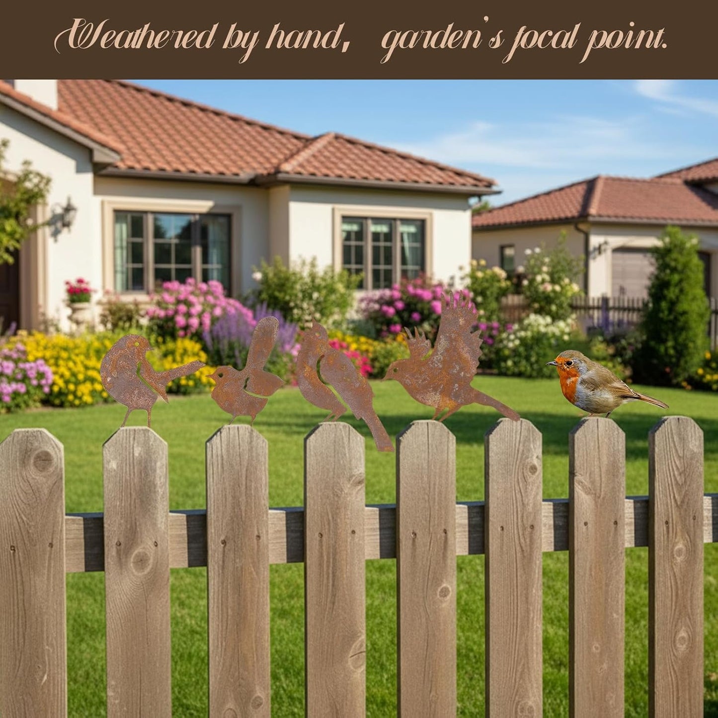 5PCS Rusty Birds Fence Decoration, Outdoor Metal Birds Decor for Yard, Rustic Garden Decor.