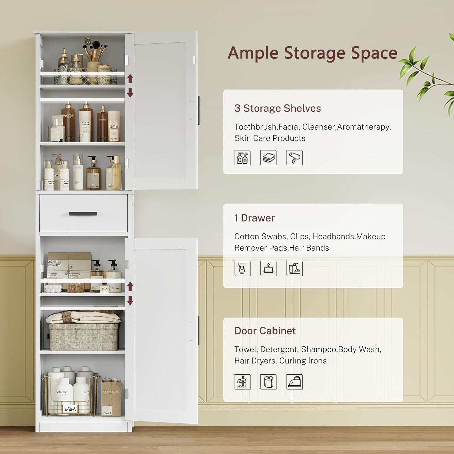 usikey 67'' Tall Bathroom Cabinet, Storage Cabinet with 4 Shelves & 2 