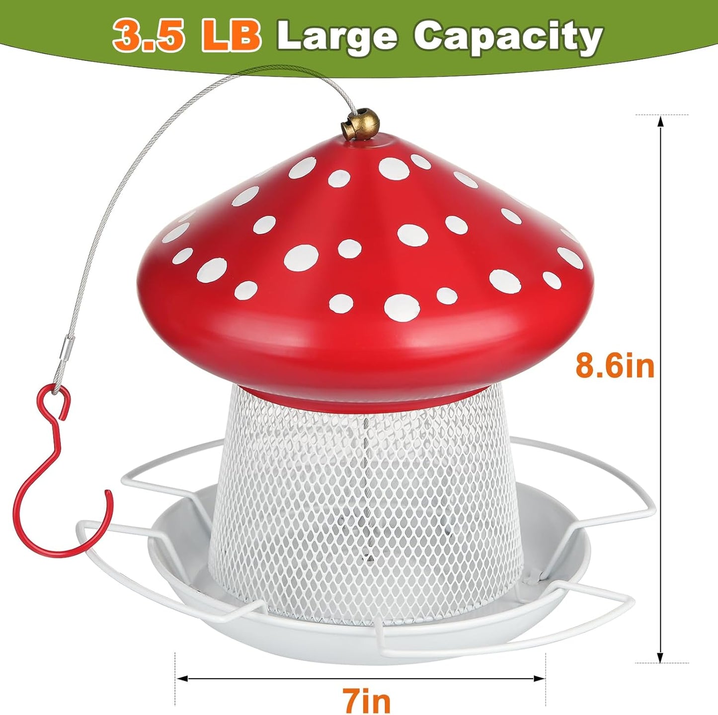 Bird Feeder, Heavy Duty Metal Bird Feeders for Outdoor Hanging, Cute Mushroom Shape 3.5 LB Large Capacity Wild Birdfeeder for Outside Garden Yard (Red)