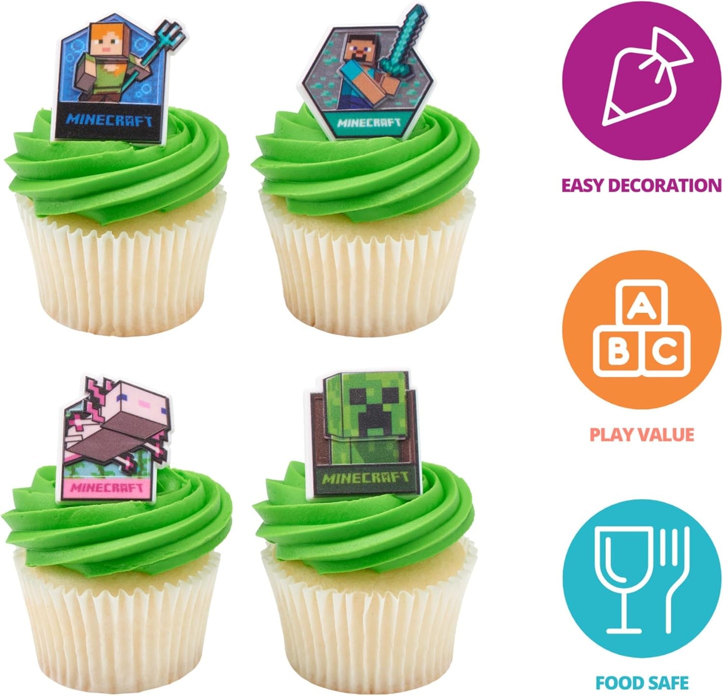 DecoPac Minecraft Lush Finds Rings, Cupcake Decorations Featuring Creeper, Alex, Steve and Axolotl! Multicolored 3D Food Safe Cake Toppers – 24 Pack