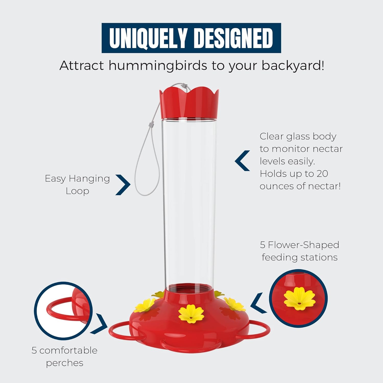 MEKKAPRO Outdoor Hummingbird Feeder Made from Glass, Hanging 5 Nectar 