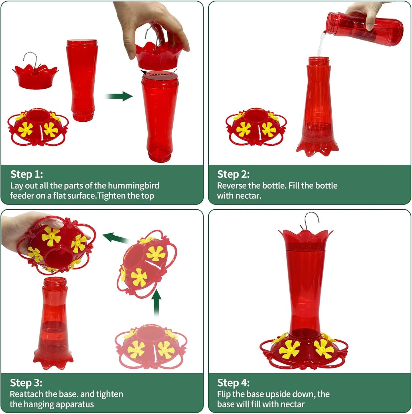 2Pcs Hummingbird Feeders for Outdoors - 5-Flower-Shaped Feeding Ports 13.50 oz Red Hanging Plastic Humming Bird Feeder with Built-in Ant Moat, Perches for Outside Garden Yard Decorative