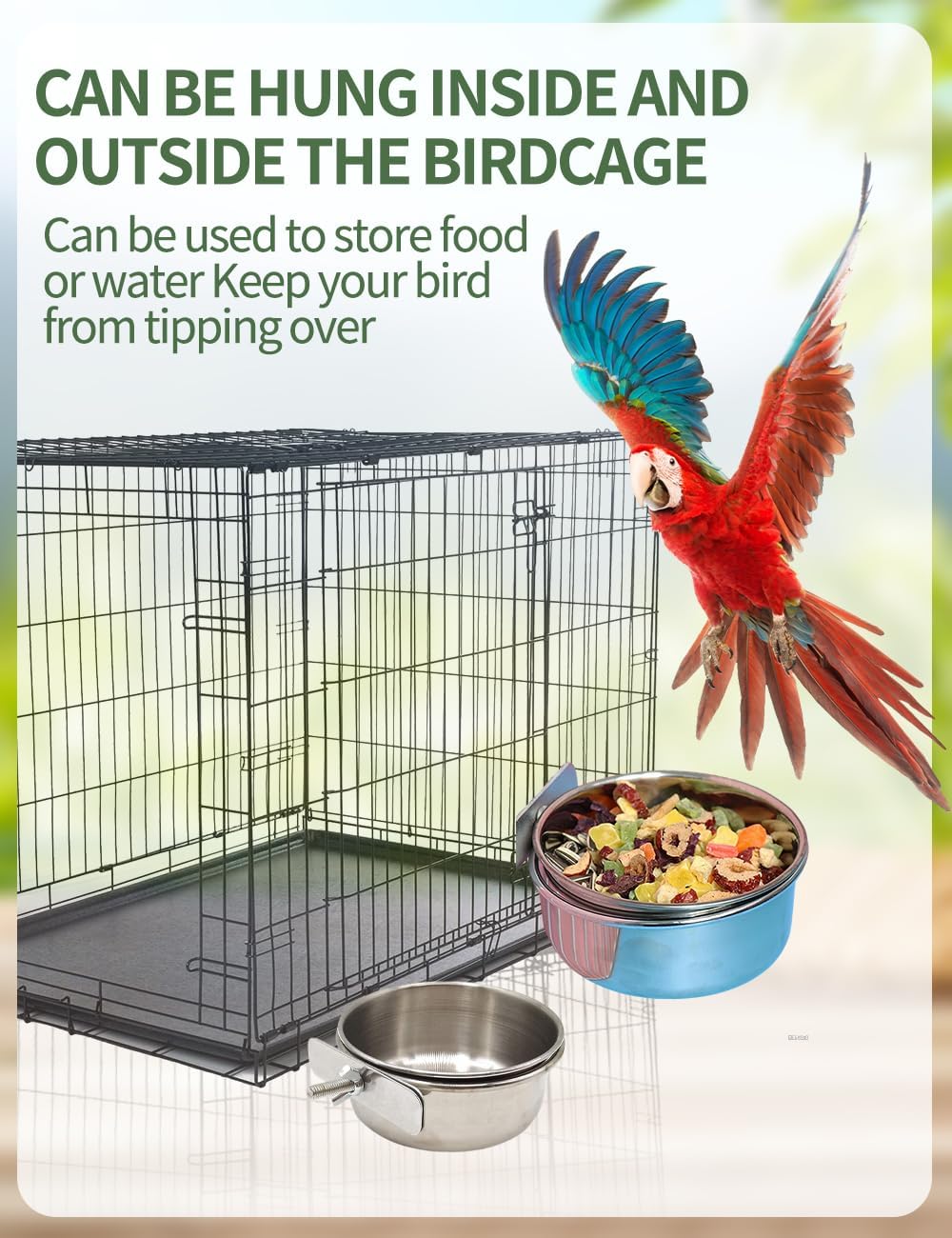 2 Pack Bird Feeding Dish, Parrot Food Bowl Clamp Holder Coop Cup, Cage Water Bowl for Parakeet African Greys Conure Cockatiels Lovebird Budgie Chinchilla