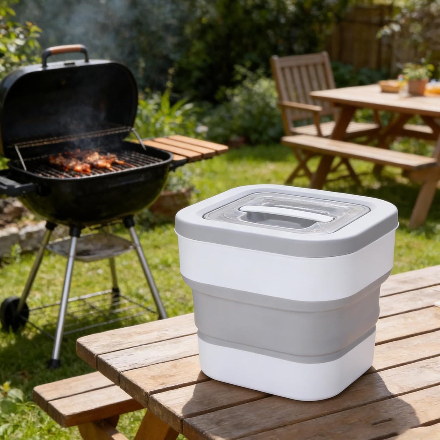 Wood Pellet Storage Container with Scoop, Waterproof Foldable Storage Bin for Charcoal Grill Smoker, Plastic Collapsible Pellet Bucket Kit Gray/White