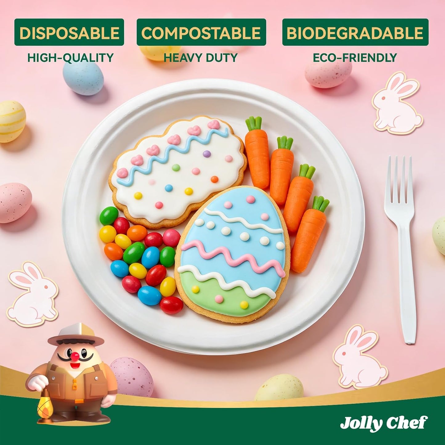 JOLLY CHEF Compostable Heavy Duty Plates 𝟭𝟬 𝗜𝗻𝗰𝗵 [𝟭𝟮𝟱 𝗣𝗮𝗰𝗸] Eco-Friendly Disposable White Paper Plates Made of Bagasse Biodegradable for Party Dinner Sugarcane Fibers Thanksgiving Day