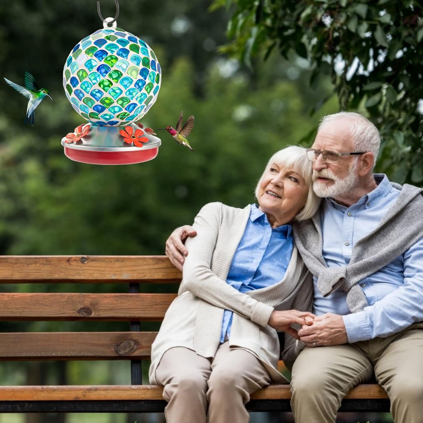 Backyard Expressions Glass Hummingbird Feeder - Blue/Green - Hummingbird Feeders for Outdoors Hanging, Hand Blown Glass Hummingbird Feeder
