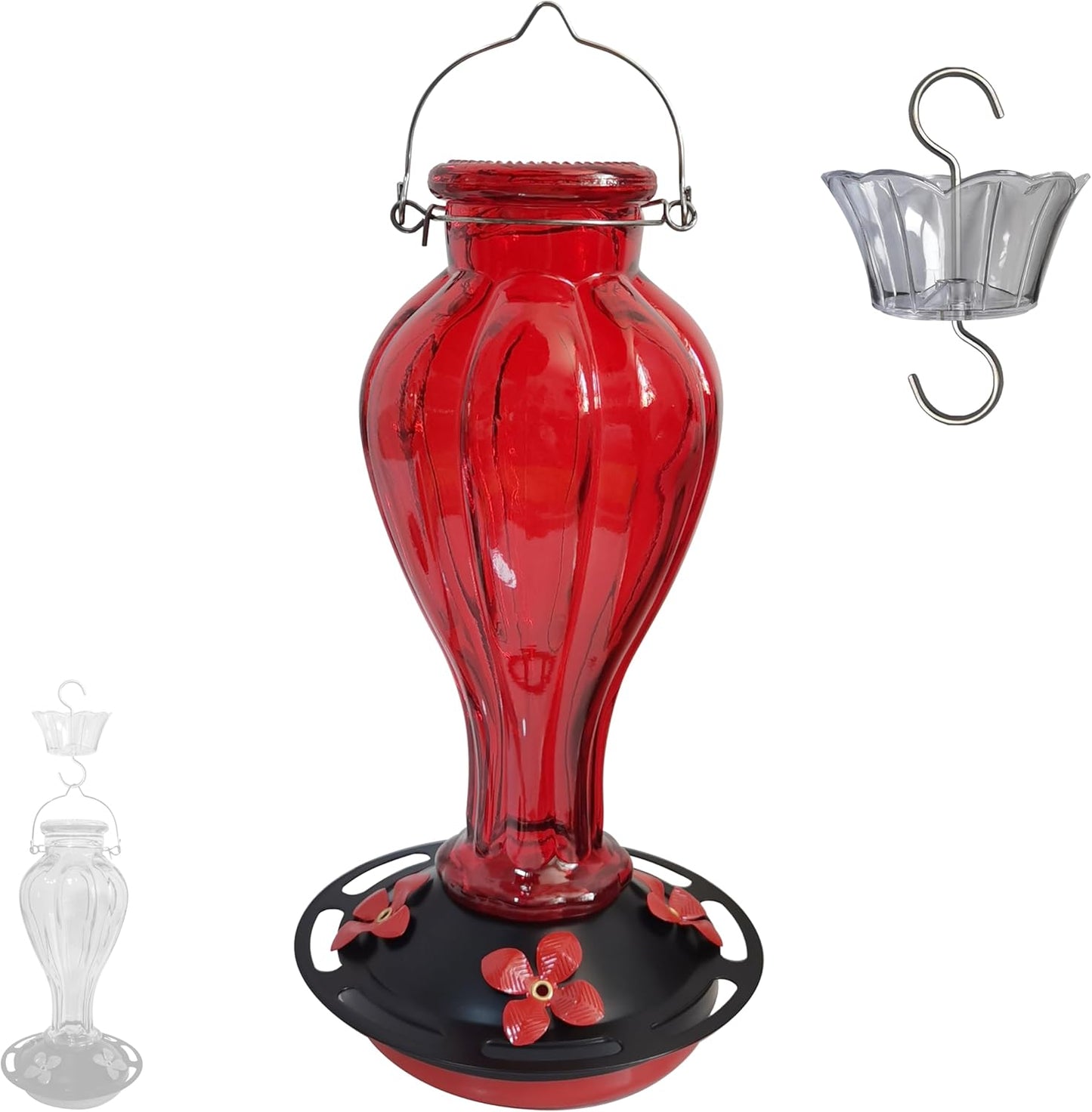 Hummingbird Feeder for Outdoors Hanging - Red Glass Nectar Feeding Bottle Including Clear Ant Moat - 24 OZ (710ml), 4 Red Flower Ports, Black Cover