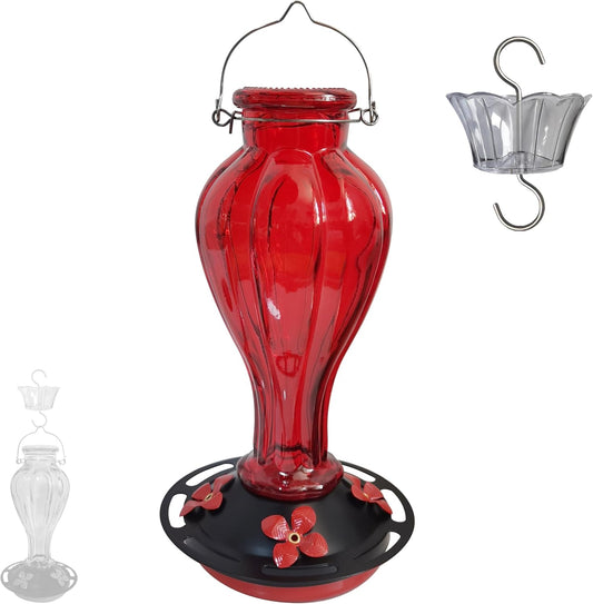 Hummingbird Feeder for Outdoors Hanging - Red Glass Nectar Feeding Bottle Including Clear Ant Moat - 24 OZ (710ml), 4 Red Flower Ports, Black Cover