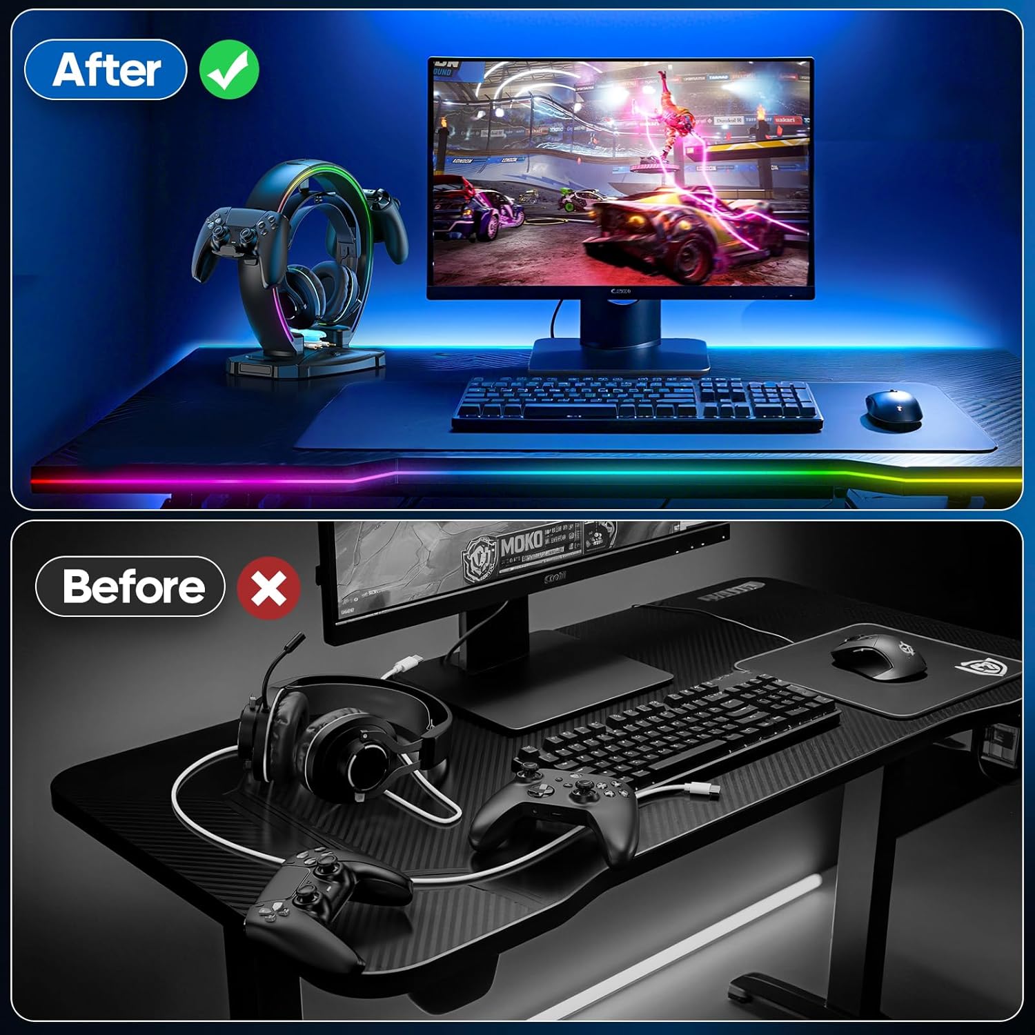 KDD RGB Headphone & Controller Stand with 9 Light Modes - Foldable Con