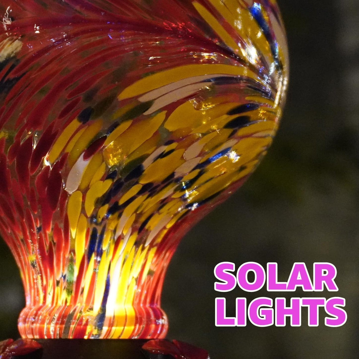 Hummingbird Feeder with Solar Powered Lights, Easy Clean Hole Handblown Glass Hummingbird Feeder for Outdoors Hanging, Red/Black