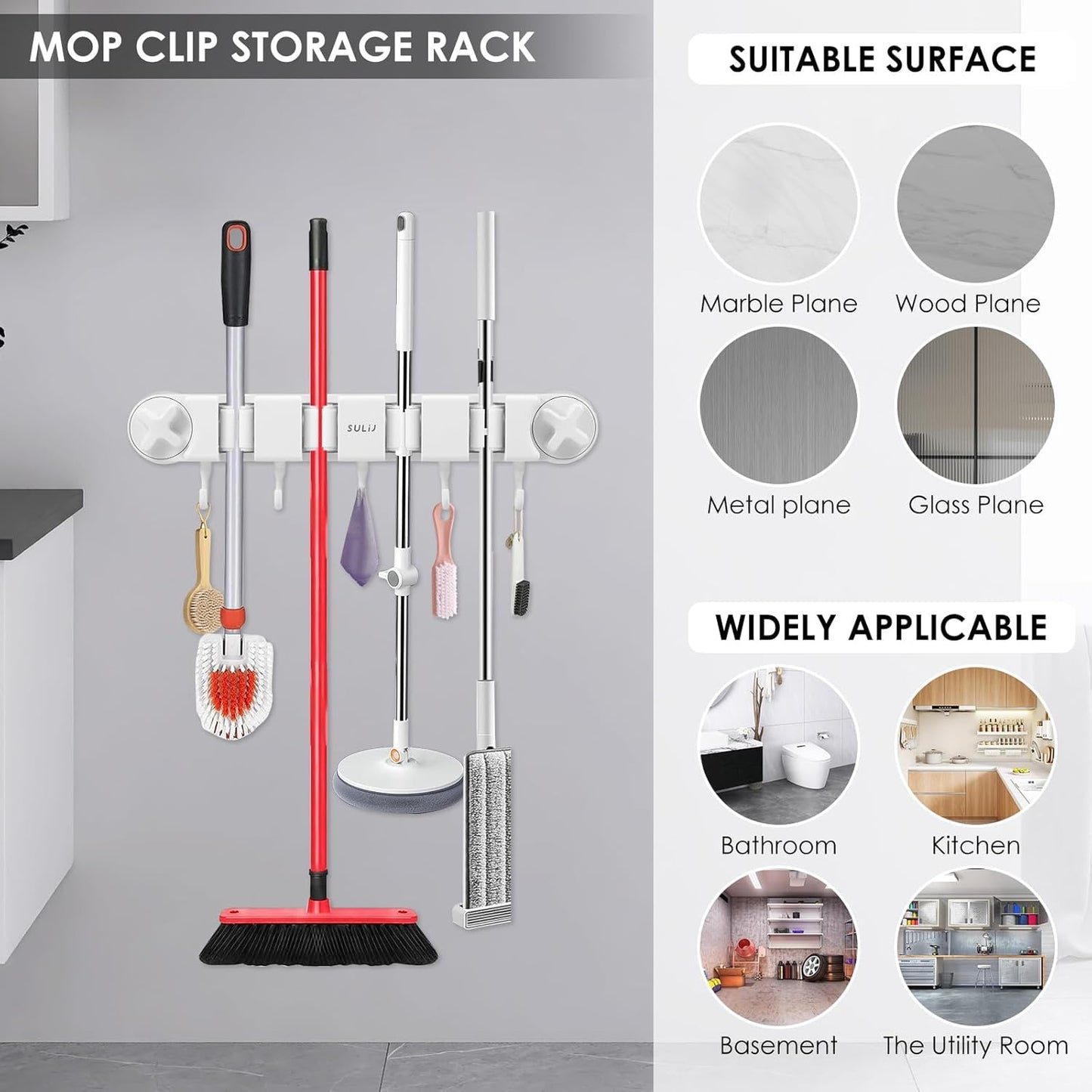 Broom Holder Wall Mount Sturdy Mop and Broom Organizer with 4 Racks an