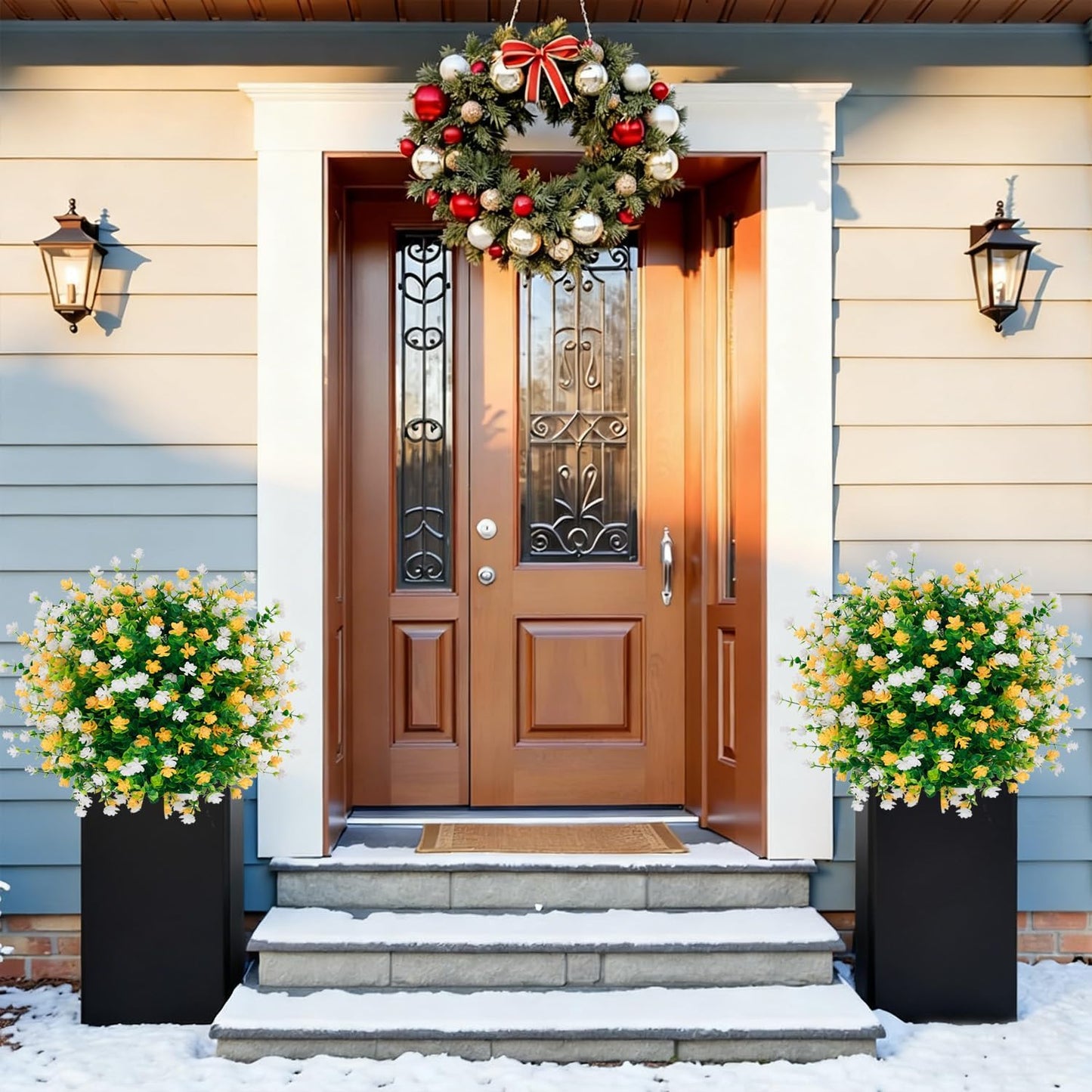 2 Pack Artificial Boxwood Topiary Ball Tree with Spike,15.75" Outdoor UV Resistant Fake Plants Shrubs Bushes,Faux Flower Evergreen for Pot Fillers Planter Porch Yard Outside Spring Decoration