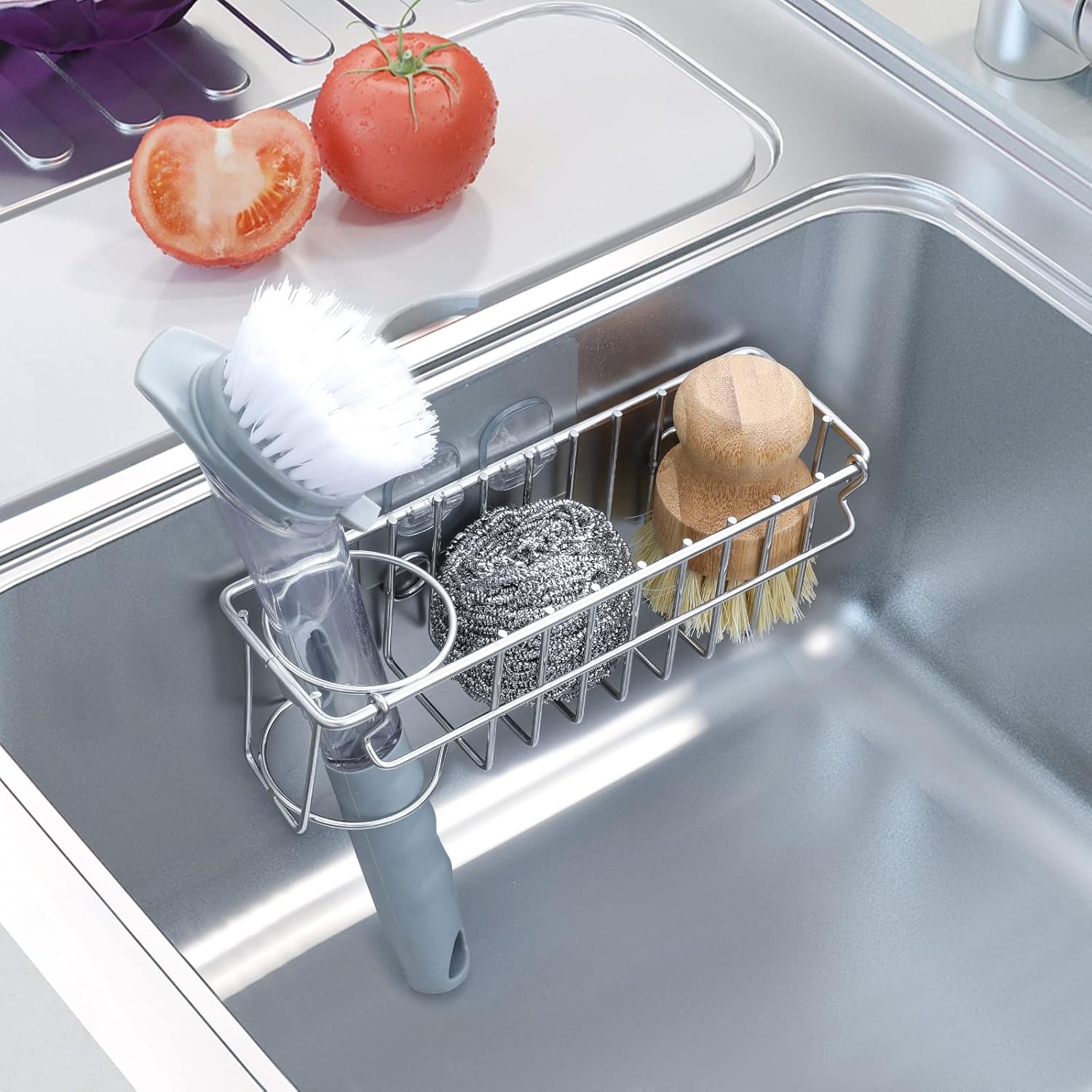 3-In-1 Sponge Holder for Kitchen Sink with Suction Cups & Adhesive Hoo