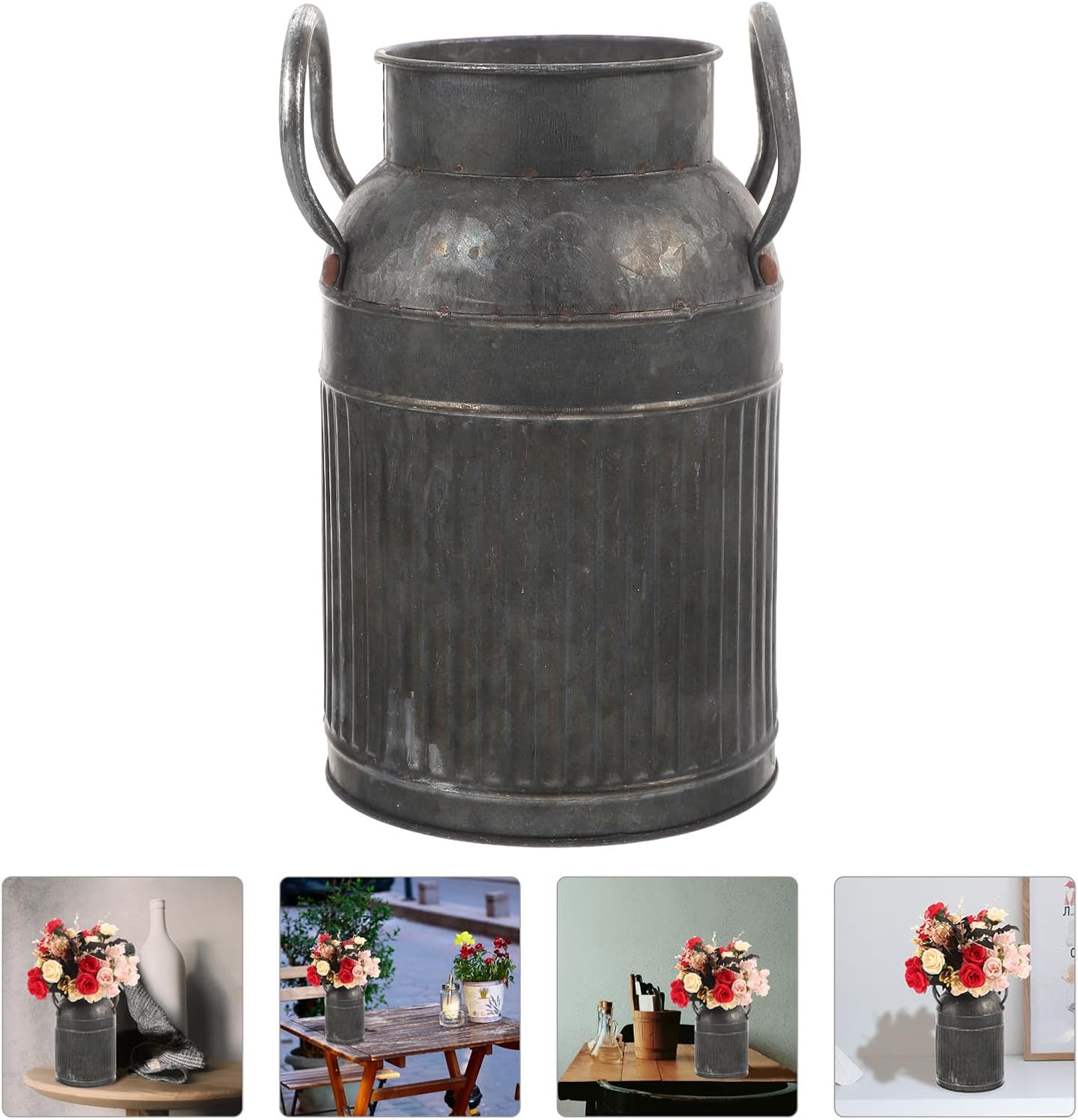 Vintage Metal Flower Bucket Planter, Rustic Decorative Floral Vase for