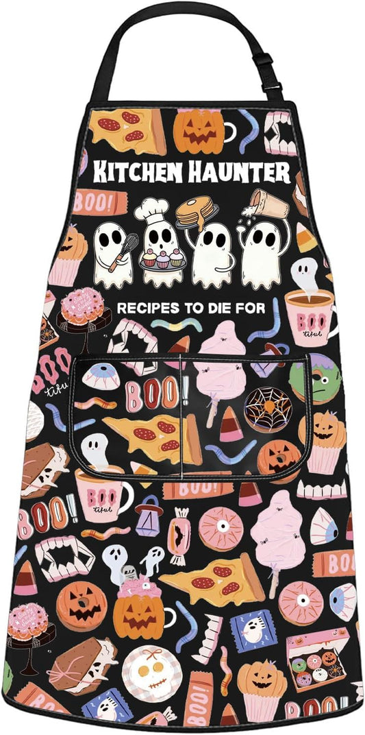 WCGXKO Kitchen Haunter Recipes to Die for Kitchen Apron Cute Ghost Gift for Fall & Halloween Lover