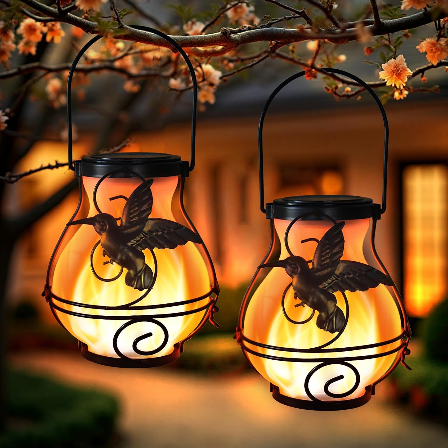 2 Pack Solar Lanterns Outdoor Waterproof Flickering Flame Lights Hummi