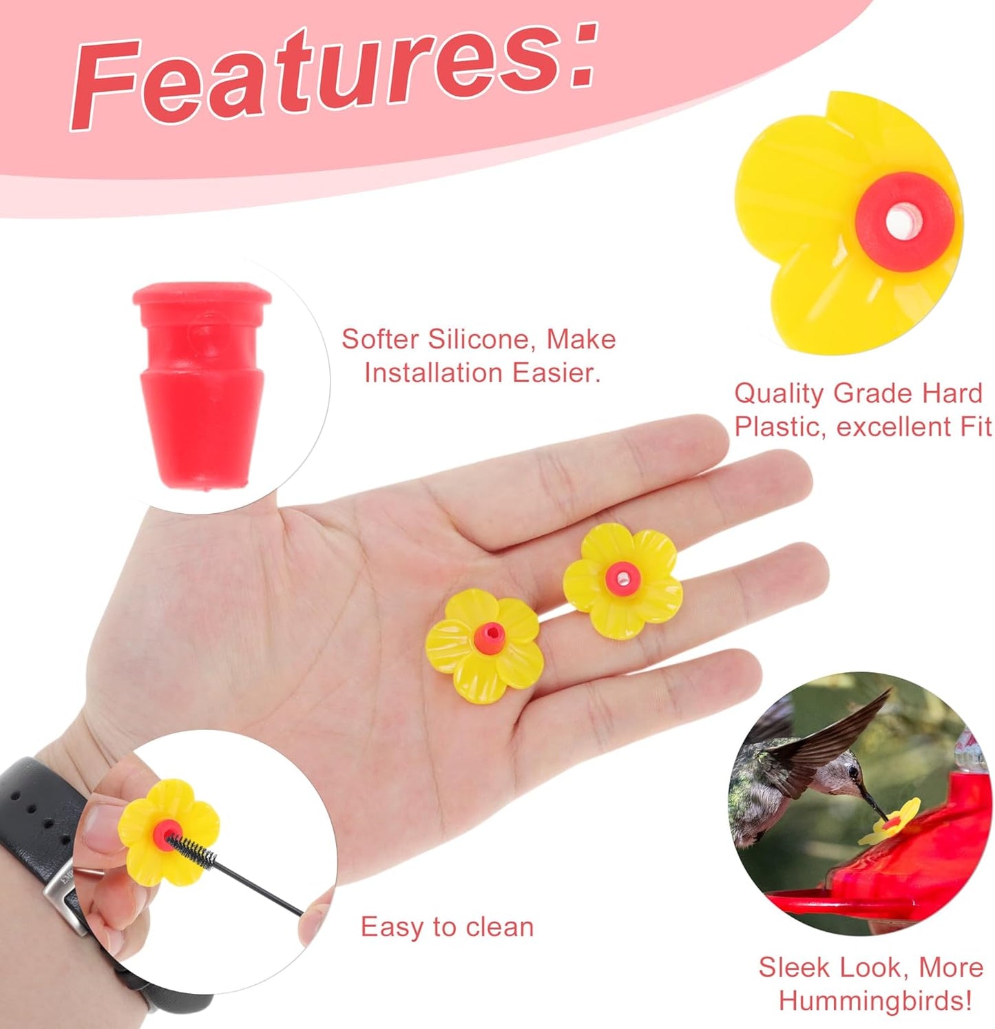 Hummingbird Feeder Parts, Durable Hummingbird Feeder Replacement Flowers, Easy Installation, Yellow, Red, 16 Pcs